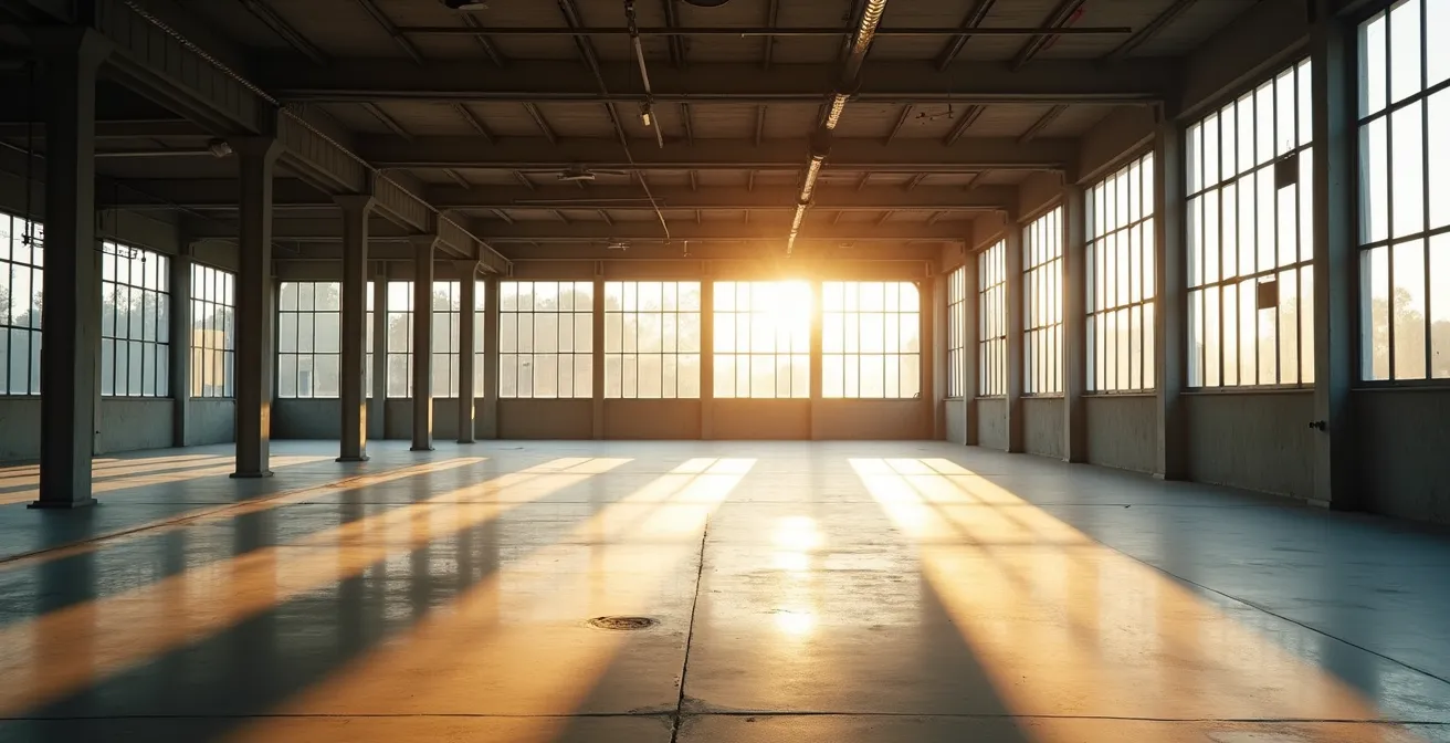 Espace industriel moderne avec lumière naturelle traversant de grandes fenêtres