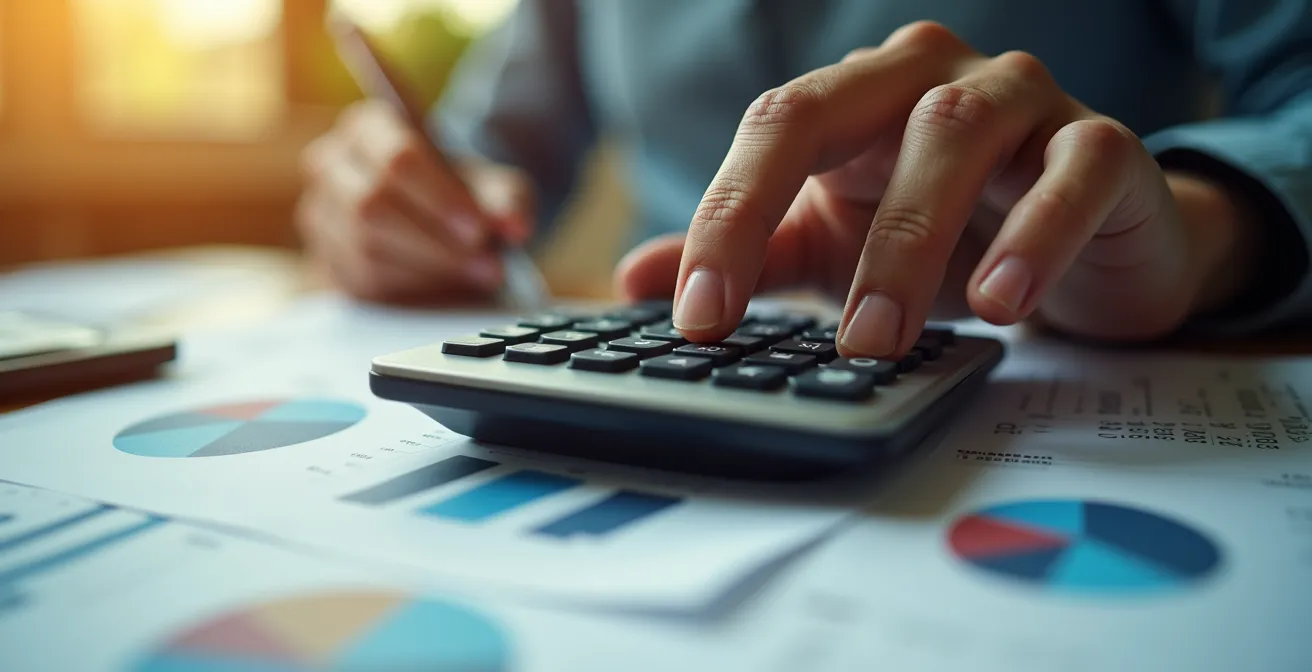 Main utilisant une calculatrice sur des documents financiers avec graphiques de rentabilité