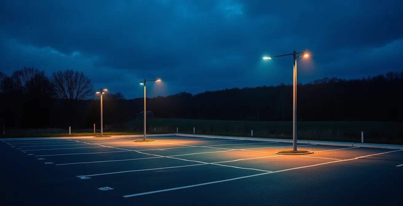Aire d'autoroute éclairée de nuit avec dispositifs de sécurité visibles