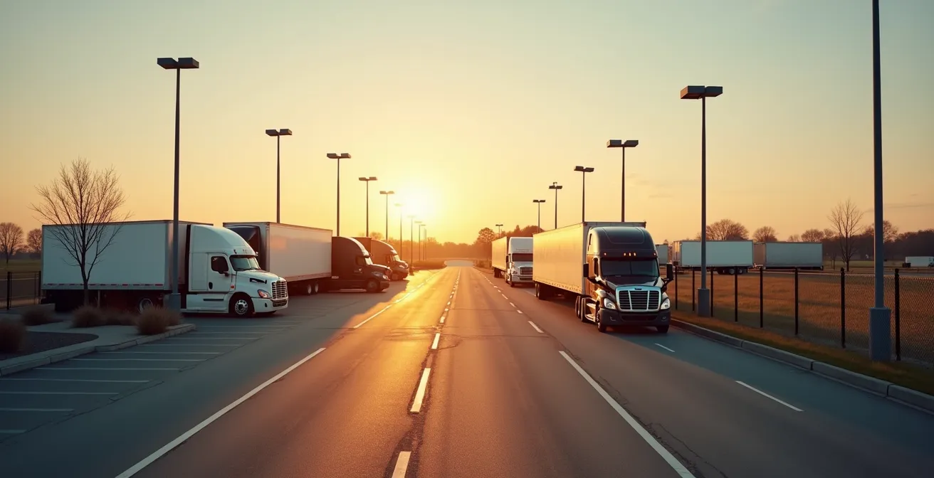 Aire de repos autoroutière moderne avec camions stationnés en sécurité au coucher du soleil