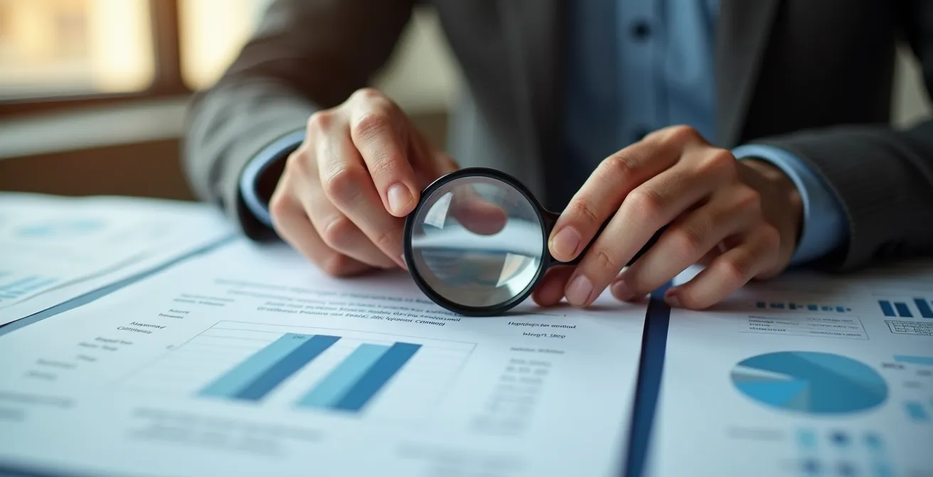 Personne analysant des avis clients avec une loupe sur des documents imprimés