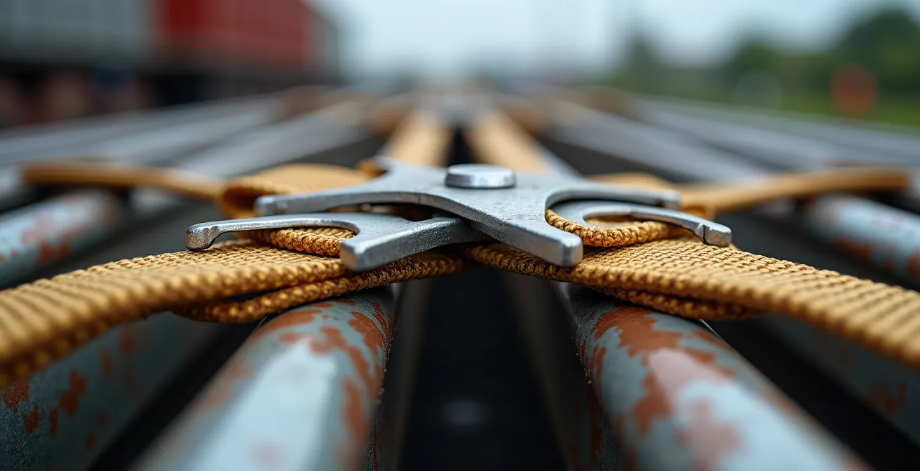 Détail technique de l'arrimage de tuyaux avec sangles croisées et barres d'arrêt