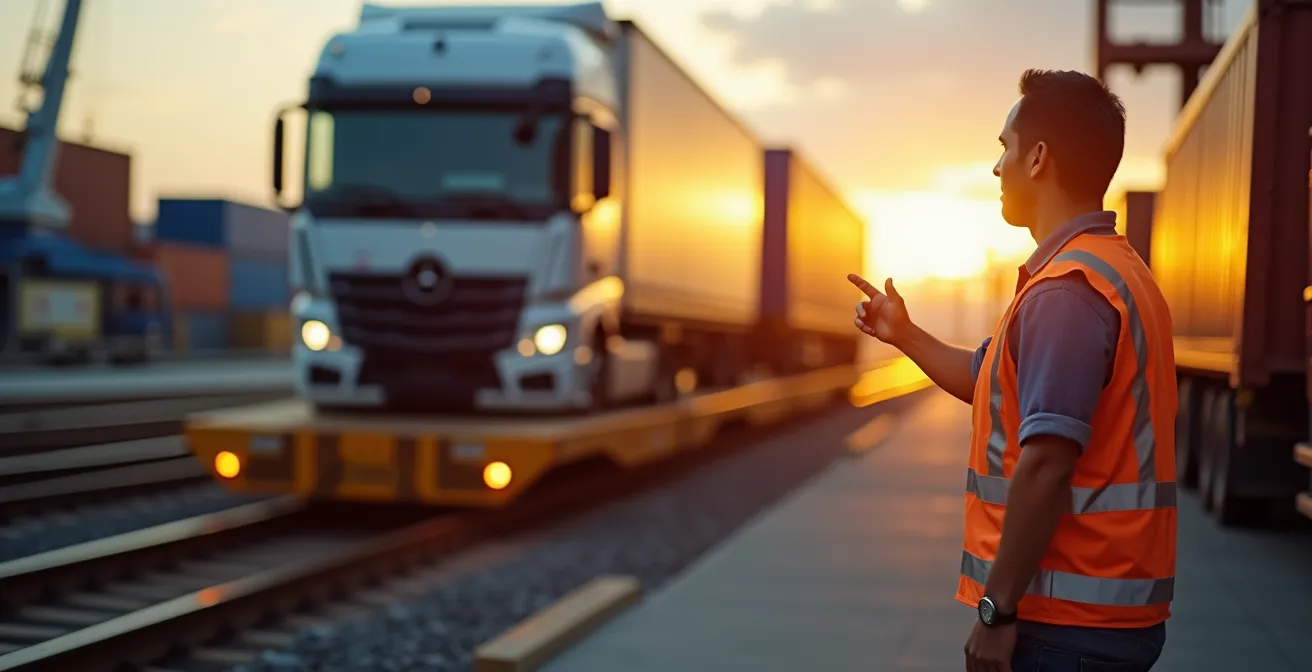 Chargement d'une semi-remorque sur wagon pivotant Modalohr dans un terminal ferroviaire