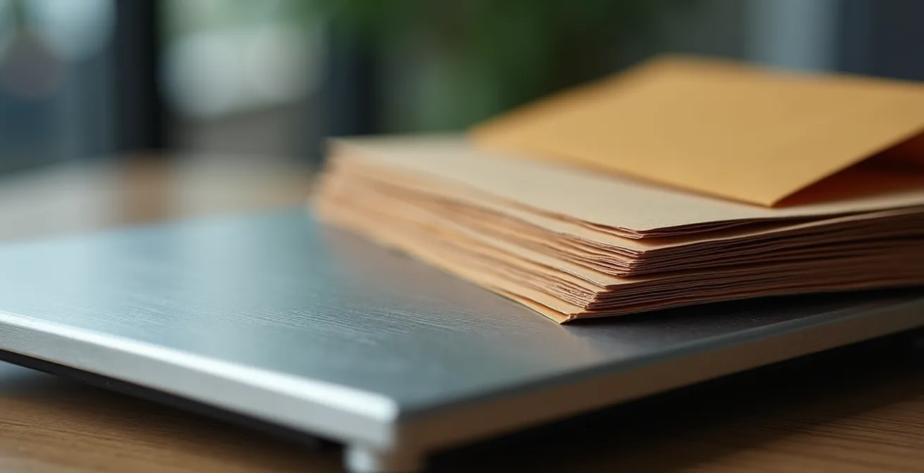 Gros plan sur balance postale avec enveloppes professionnelles