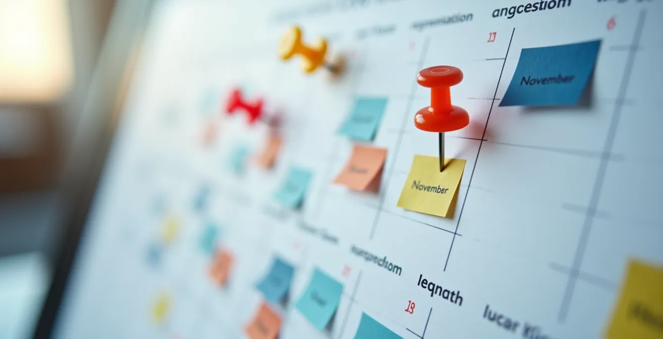 Vue macro d'un calendrier mural avec des marquages colorés pour la planification logistique