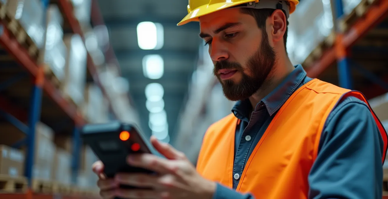 Opérateur logistique scannant un emplacement de stockage avant la palette