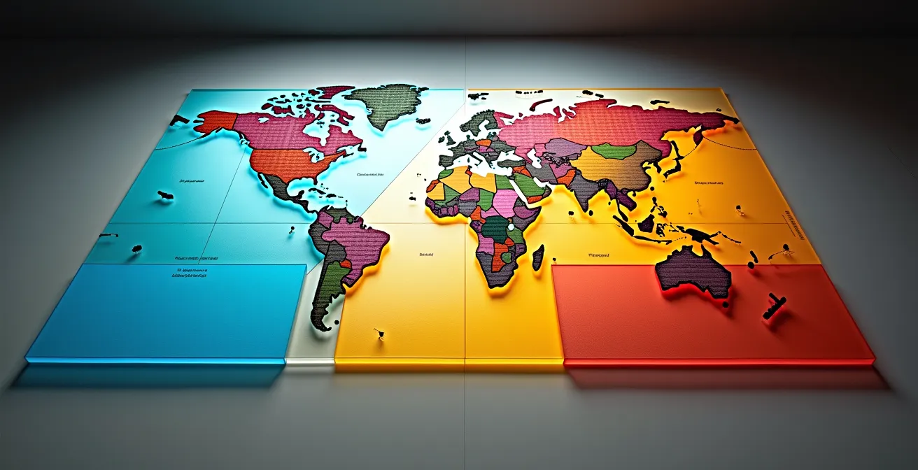 Vue cartographique abstraite montrant différentes zones de livraison colorées avec des motifs géométriques représentant l'optimisation des secteurs