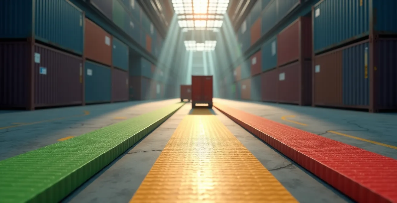 Schéma visuel des flux de conteneurs dans un port avec zones de contrôle douanier verte, orange et rouge