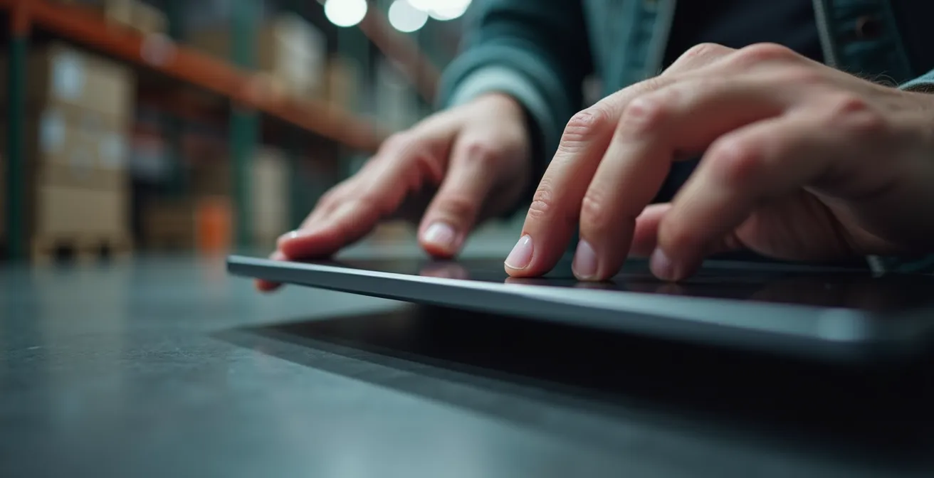 Commercial consultant une tablette pour vérifier les stocks dans un environnement d'entrepôt