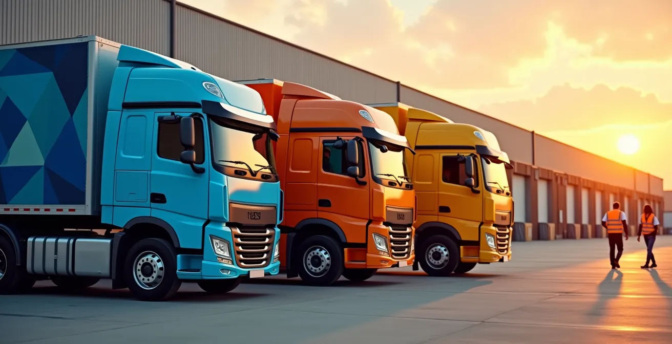 Trois camions de livraison de différents transporteurs garés côte à côte dans un centre de tri