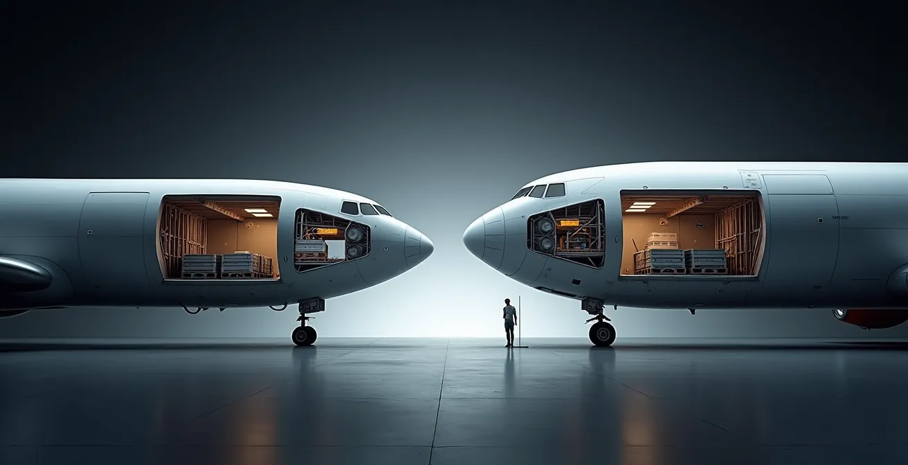Vue en coupe montrant les différences de hauteur entre soute d'avion passager et avion cargo