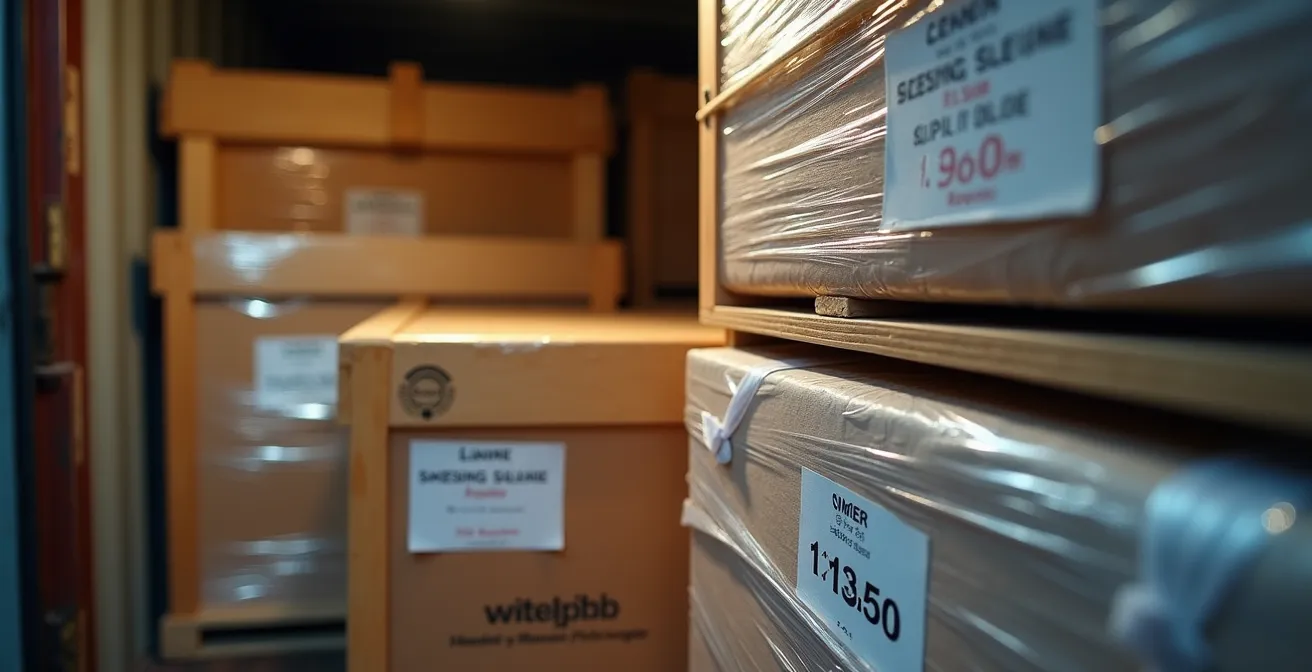 Vue macro détaillée de l'organisation de marchandises hétéroclites dans un conteneur de groupage