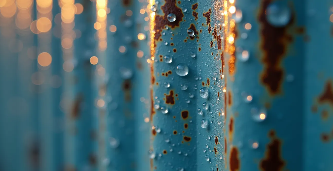 Vue macro de gouttelettes de condensation sur paroi métallique de conteneur