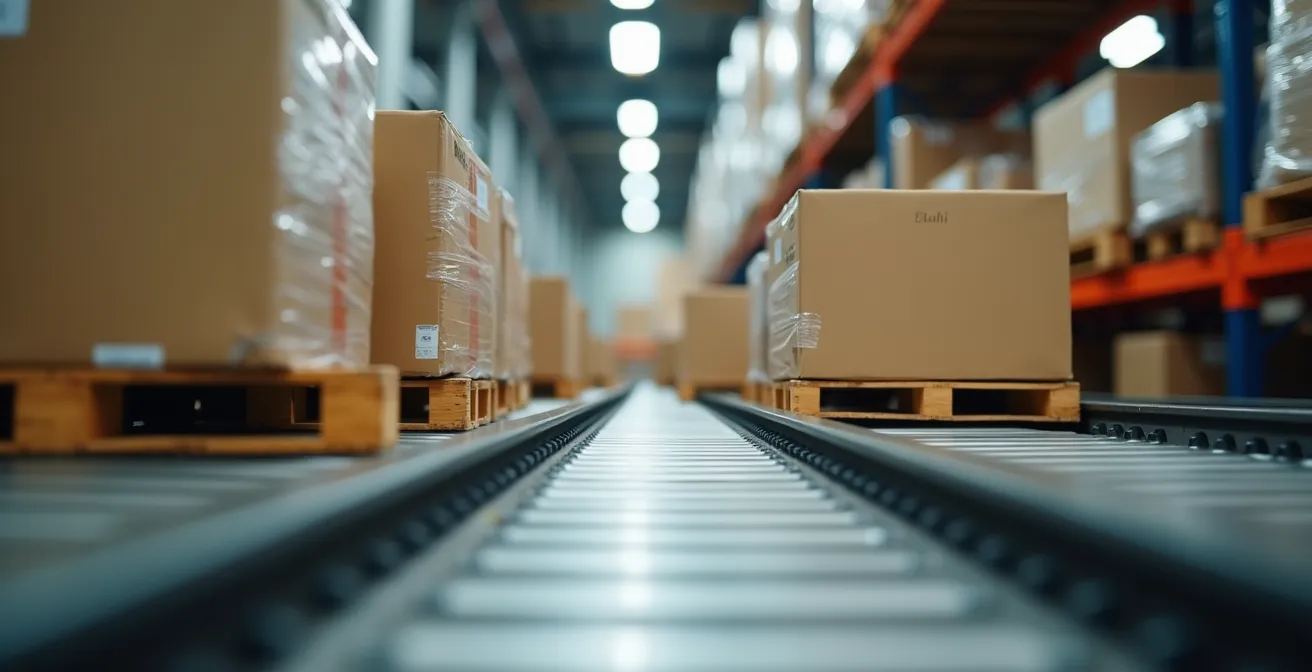Vue macro détaillée de palettes en transit rapide sur convoyeurs automatisés