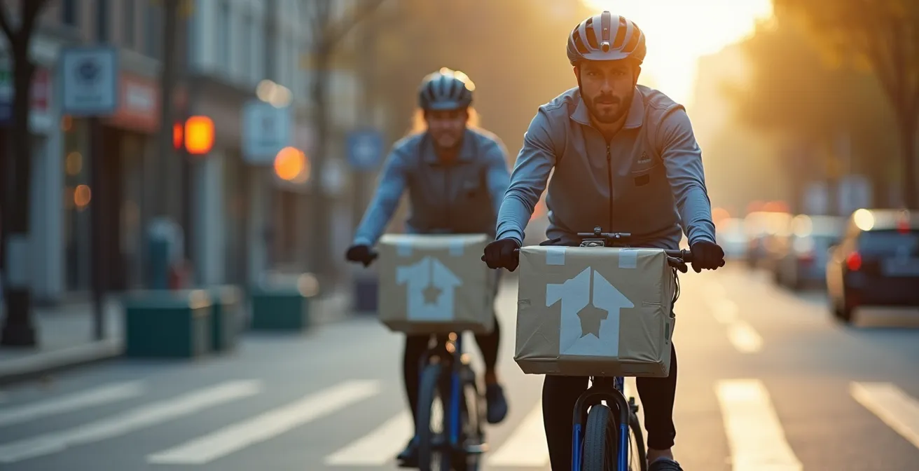 Livreur pédalant sur un vélo-cargo électrique chargé de colis dans une piste cyclable urbaine