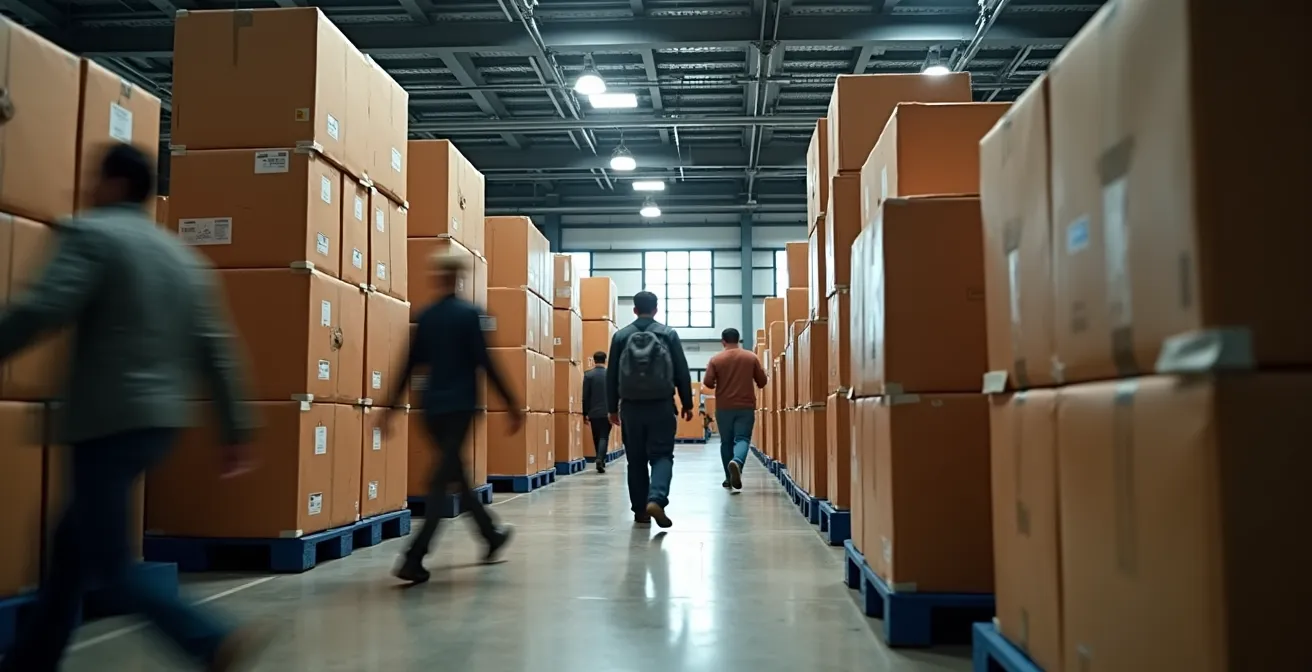 Centre de tri logistique saturé avec accumulation de colis en attente de traitement