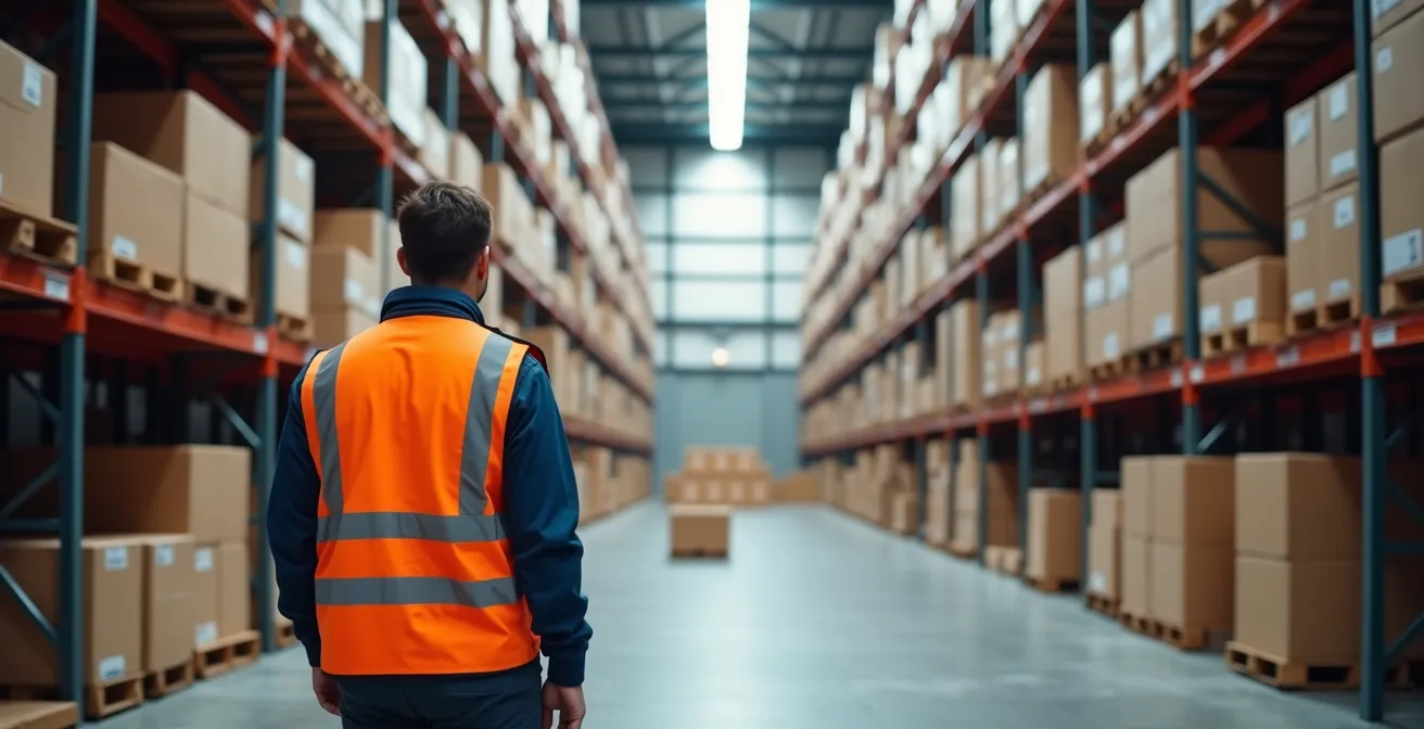 Vue large d'un entrepôt moderne avec zones de stockage et personnel en activité