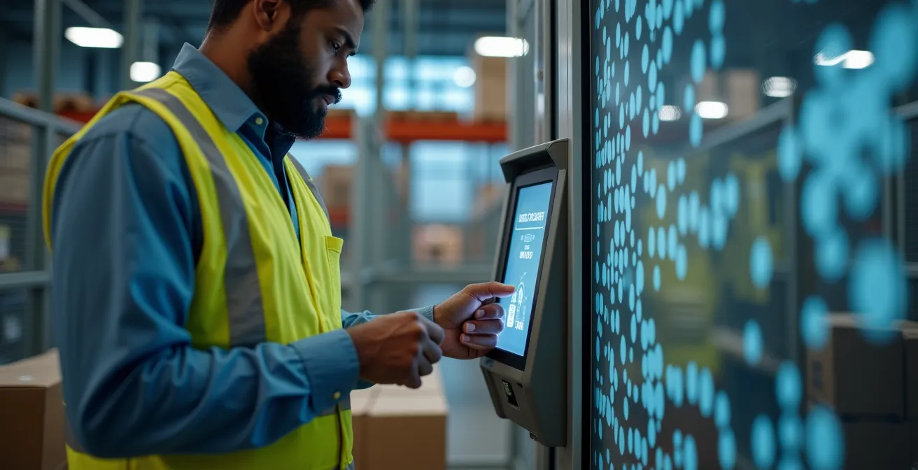 Vue intérieure d'un entrepôt moderne avec système de contrôle d'accès biométrique et zones sécurisées