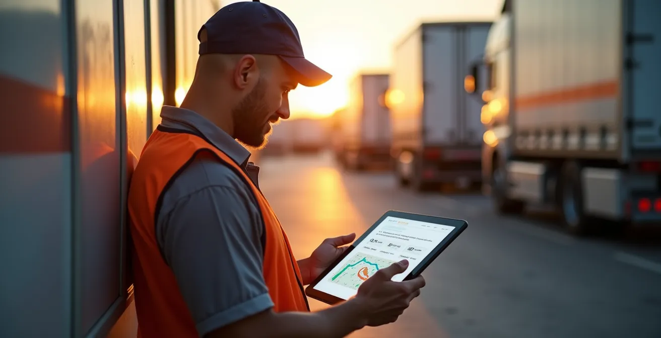 Chauffeur livreur consultant une tablette numérique devant son camion de livraison avec graphiques d'optimisation visibles en arrière-plan