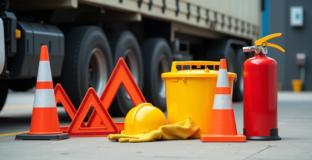 Vue d'ensemble d'équipements de sécurité ADR disposés sur le sol près d'un camion
