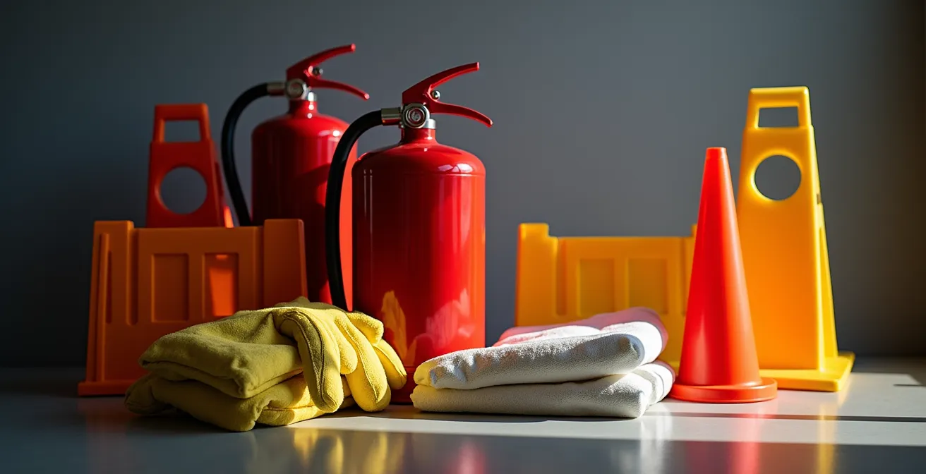 Équipements d'urgence disposés pour intervention sur fuite de liquide inflammable