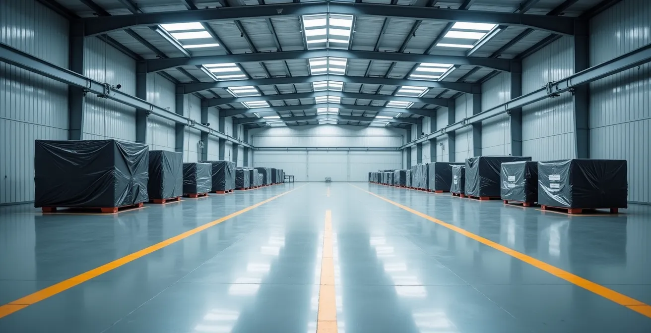 Vue d'ensemble d'un entrepôt avec zones de tri pour machines destinées à différentes valorisations