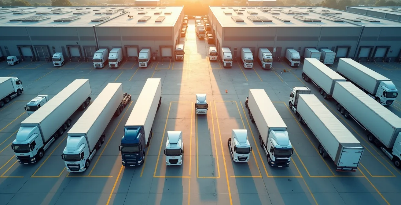 Vue aérienne d'une flotte mixte de camions en stationnement dans un hub logistique
