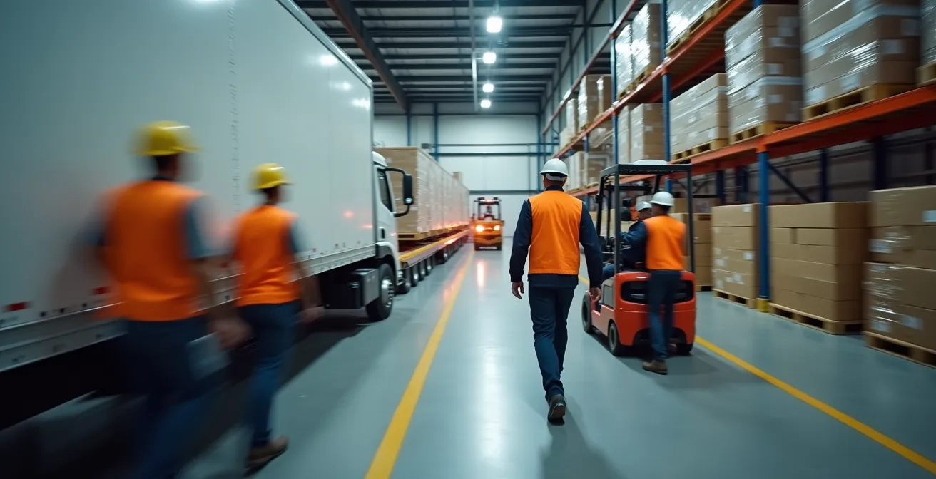 Vue latérale d'un quai de chargement avec flux continu de marchandises