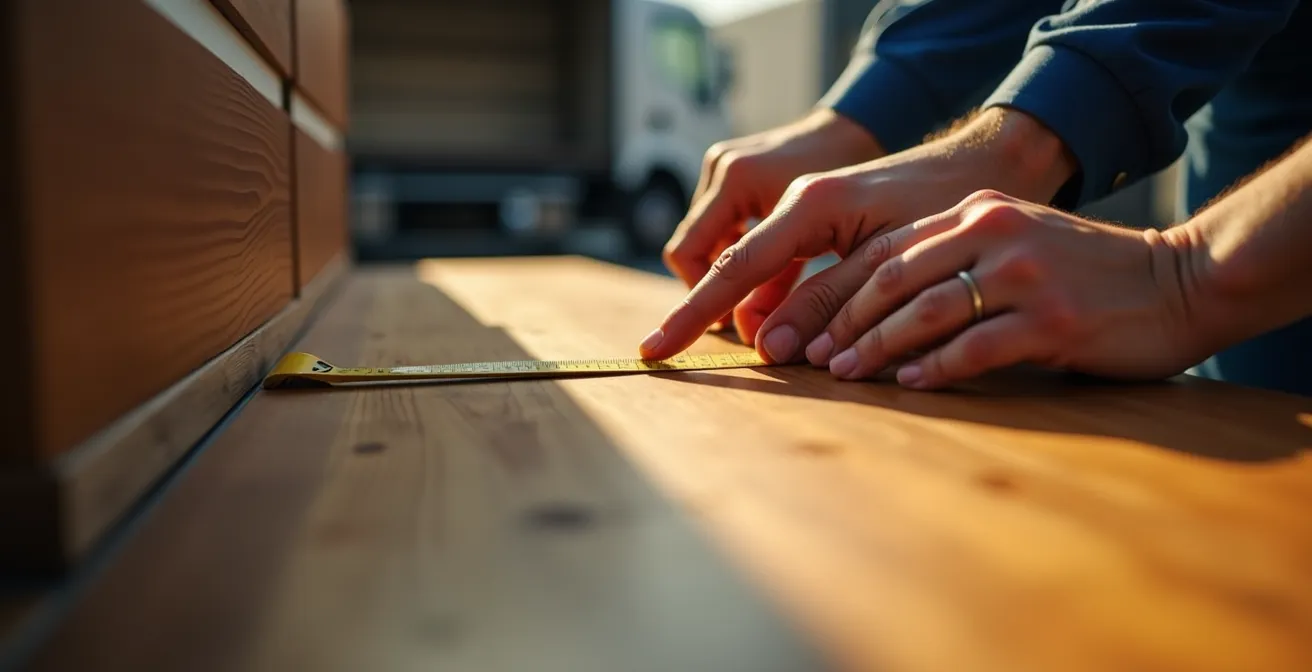 Chef d'équipe et client inspectant ensemble un meuble dans le camion de déménagement
