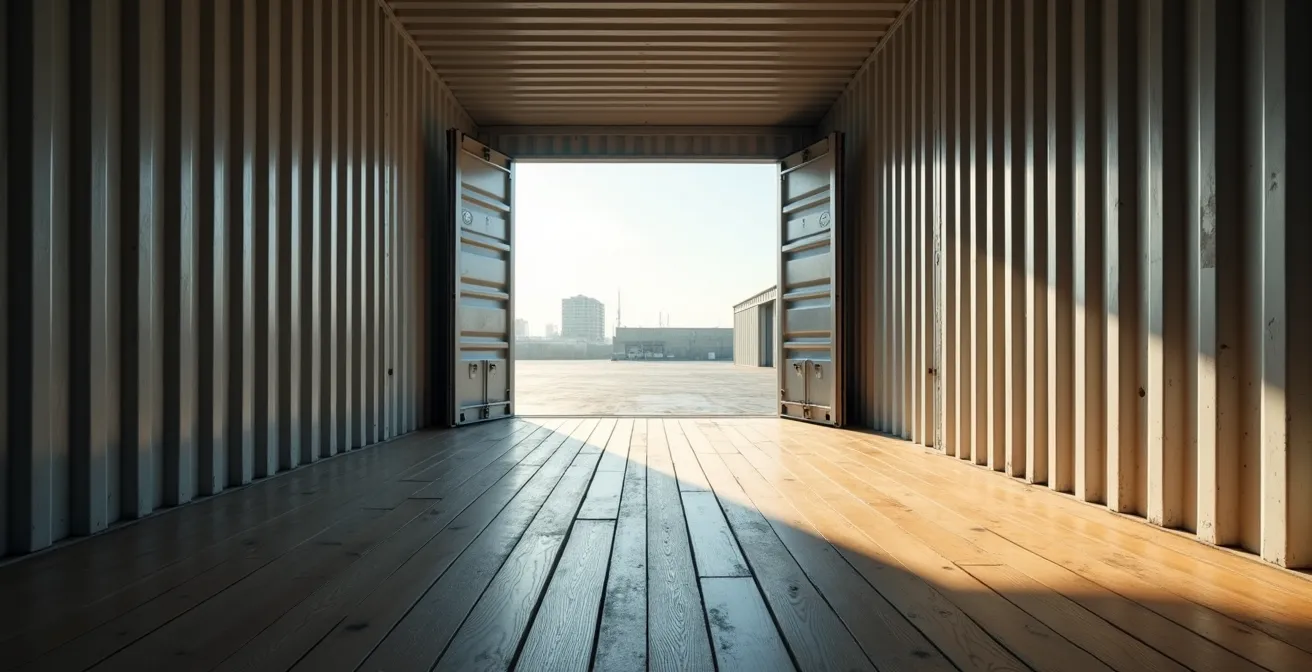Vue grand angle de l'intérieur d'un conteneur maritime montrant le plancher et les parois