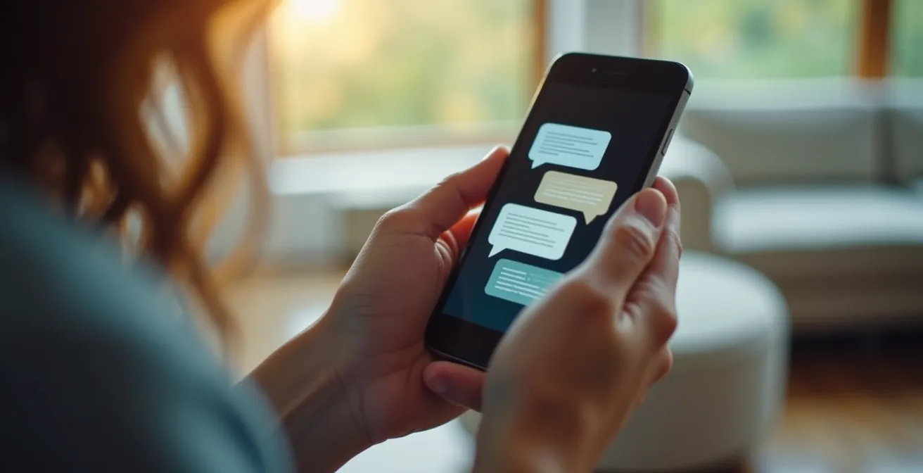 Mains tenant un smartphone montrant une interface de chatbot pour reprogrammer une livraison
