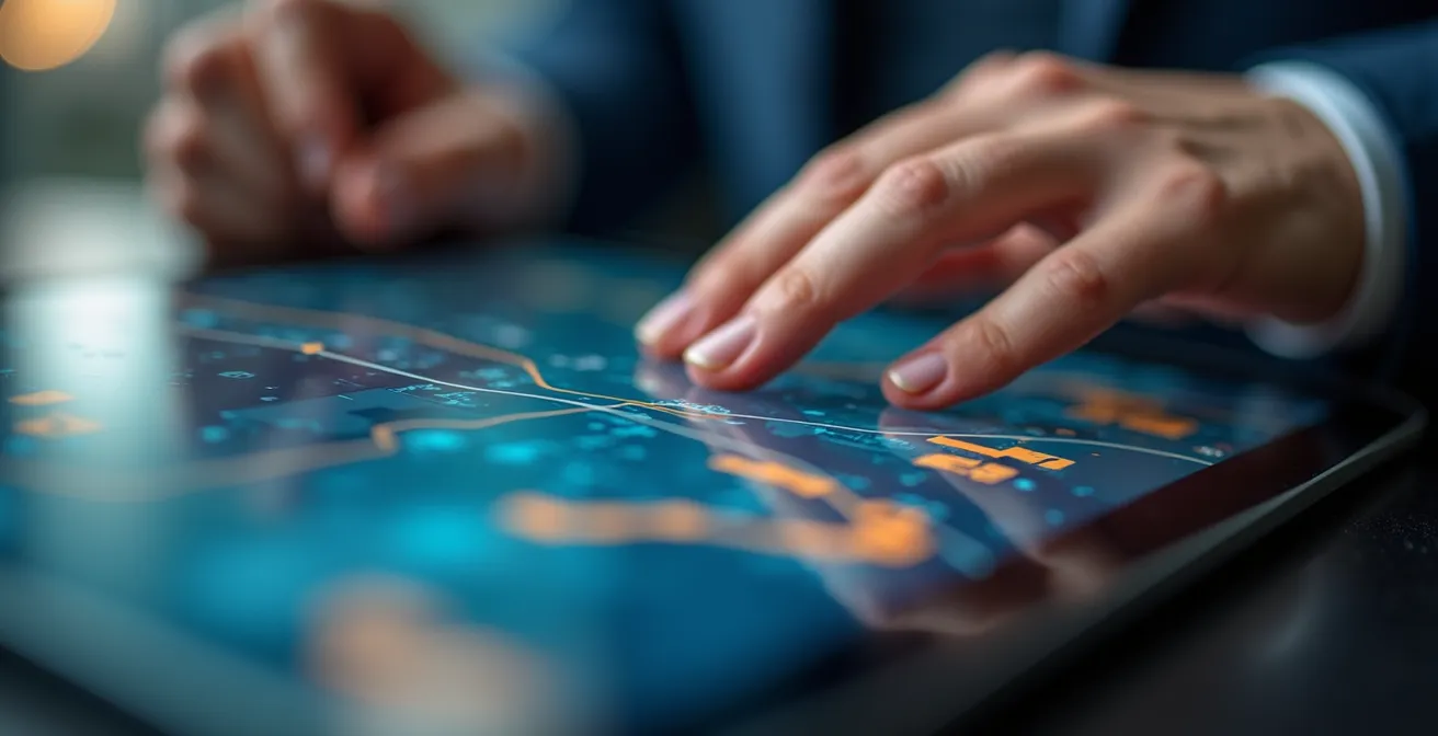 Vue rapprochée de mains naviguant sur une tablette avec graphiques abstraits représentant des flux logistiques