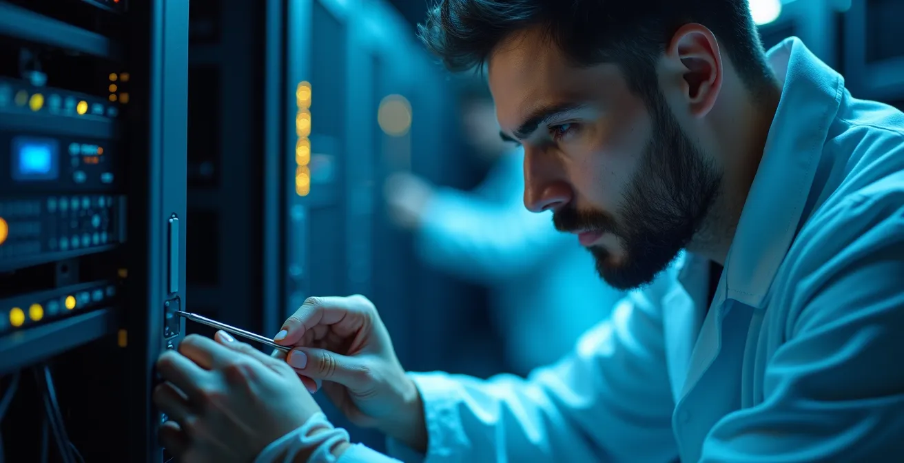 Technicien effectuant une inspection minutieuse de serveur en salle blanche
