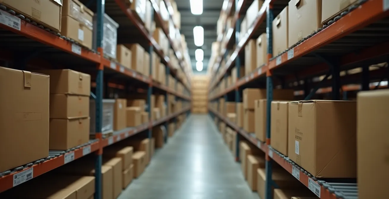 Vue intérieure d'un micro-hub logistique avec étagères de stockage et espace de tri