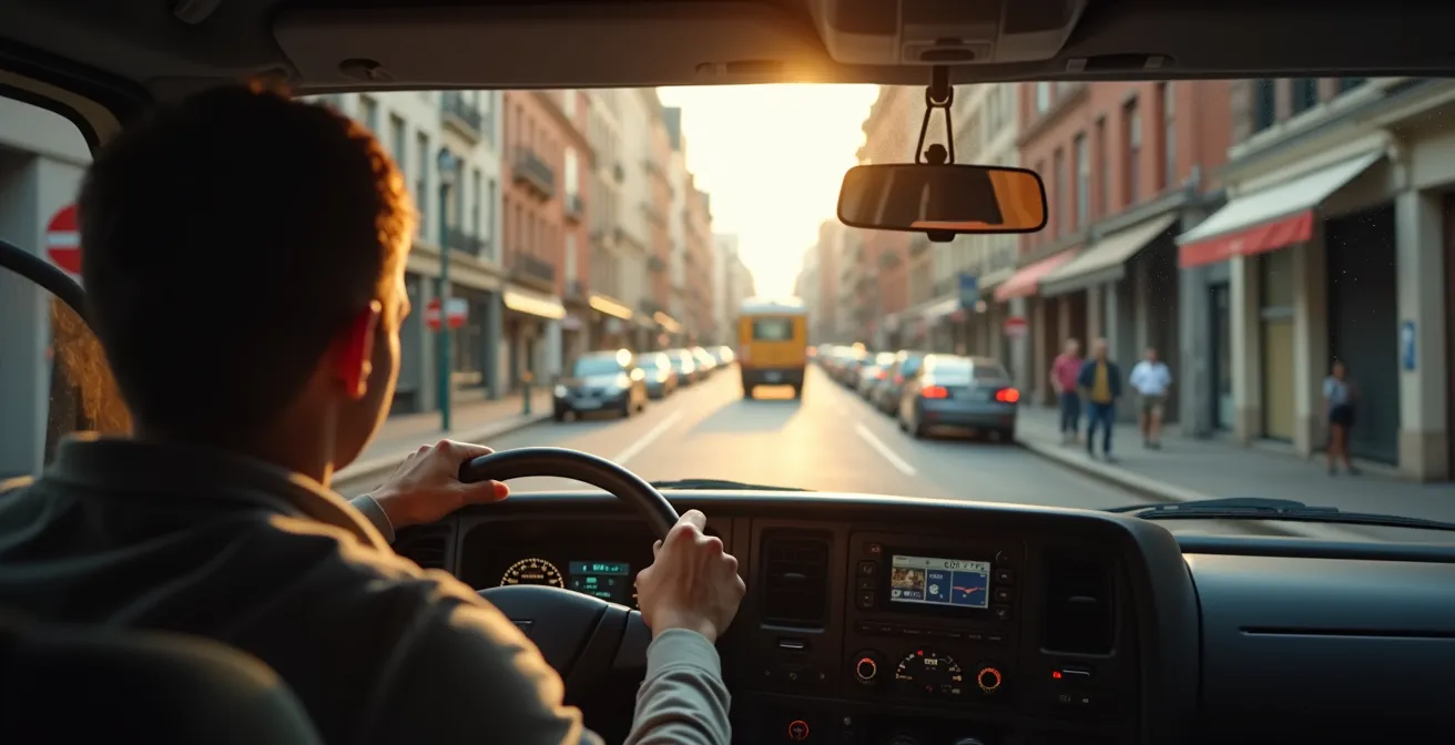 Vue depuis la cabine d'un camion de livraison montrant la complexité urbaine