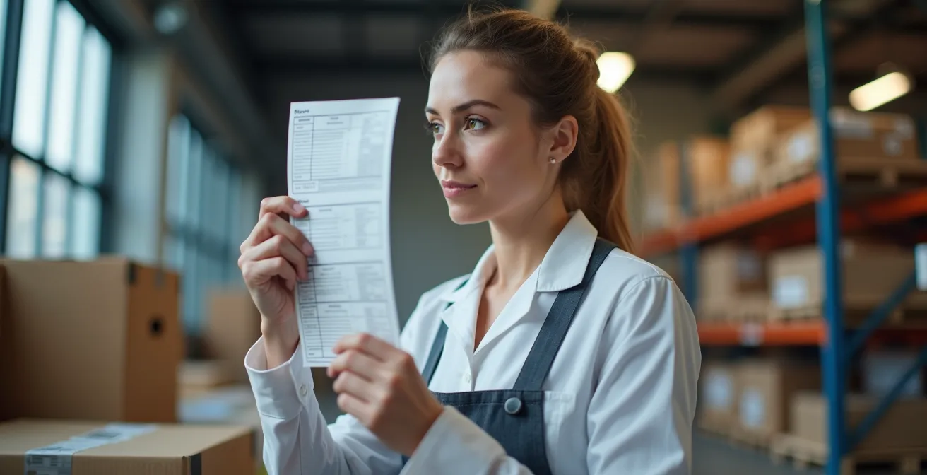 Opérateur logistique vérifiant la qualité d'impression des étiquettes dans un entrepôt moderne