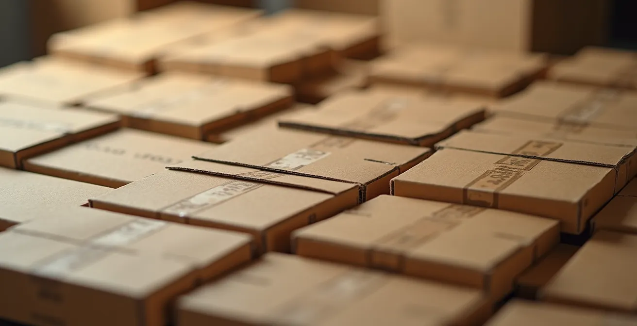 Gros plan sur l'organisation optimale de cartons sur une palette pour maximiser la densité