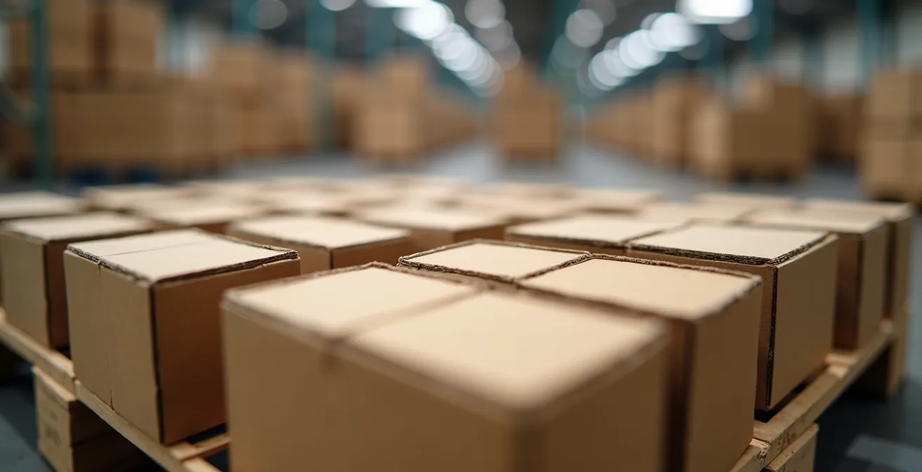 Vue macro détaillée de cartons parfaitement ajustés sur une palette européenne standard