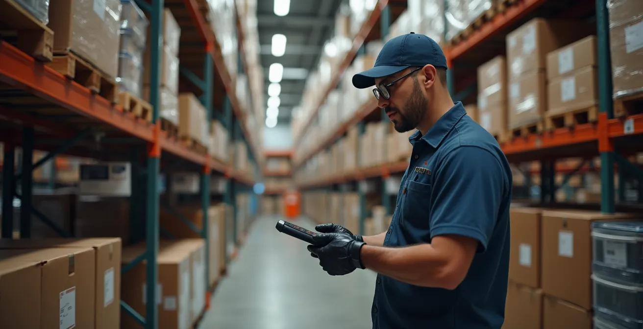 Préparateur de commandes dans une allée d'entrepôt avec chariot et système de picking