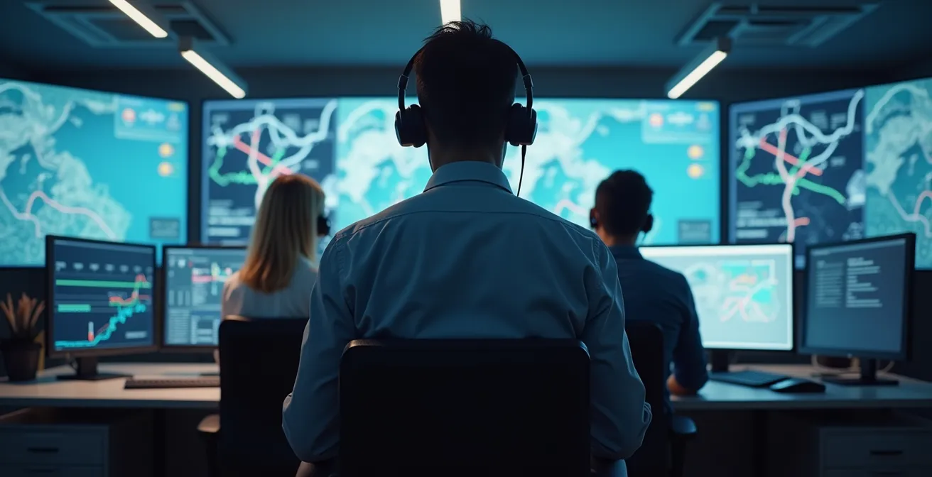 Centre de contrôle logistique avec écrans montrant les itinéraires en temps réel et opérateurs coordonnant les livraisons