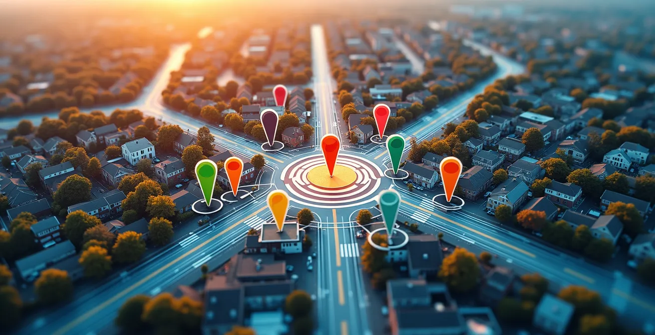 Vue aérienne d'un quartier urbain avec points relais marqués par des épingles colorées