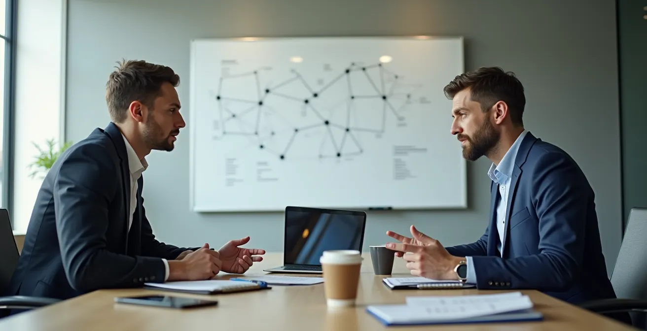 Réunion professionnelle autour d'une table avec tableaux de performance flous en arrière-plan
