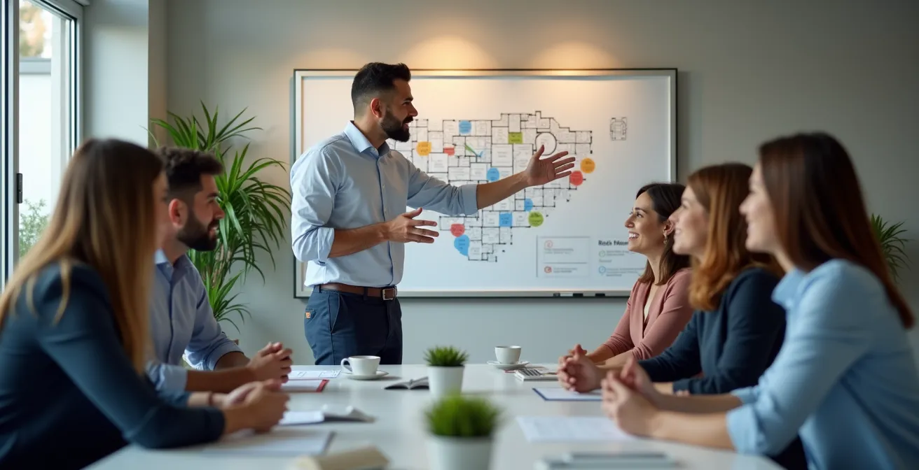 Réunion d'équipe dans une salle lumineuse avec présentation du projet de déménagement