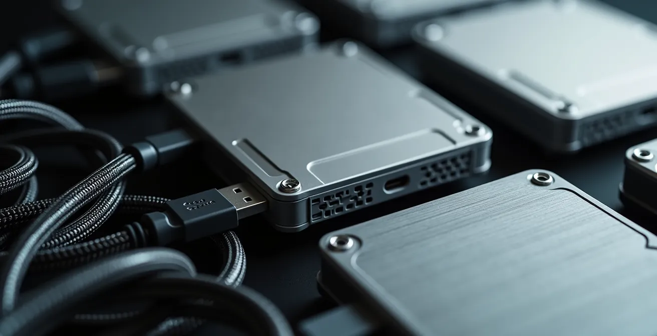 Gros plan macro sur des disques durs externes empilés avec des câbles USB organisés