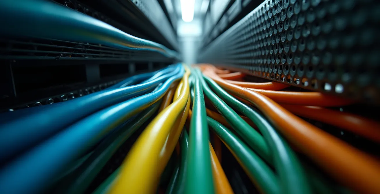 Vue rapprochée de câbles réseau colorés organisés dans une baie de serveur