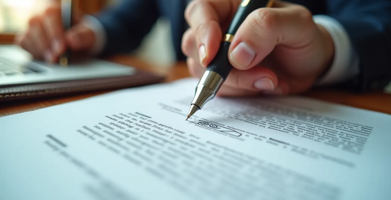 Mains professionnelles signant un contrat de transport avec stylo plume sur bureau en bois