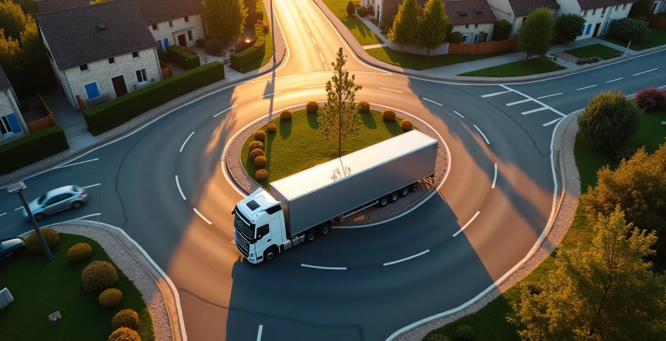 Vue aérienne d'un convoi exceptionnel négociant un rond-point étroit