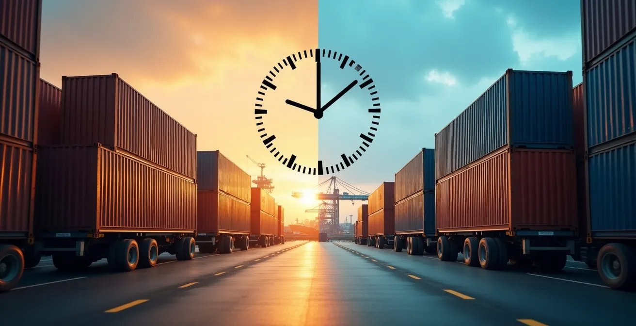 Vue d'un terminal portuaire avec des conteneurs organisés et des camions en attente de chargement