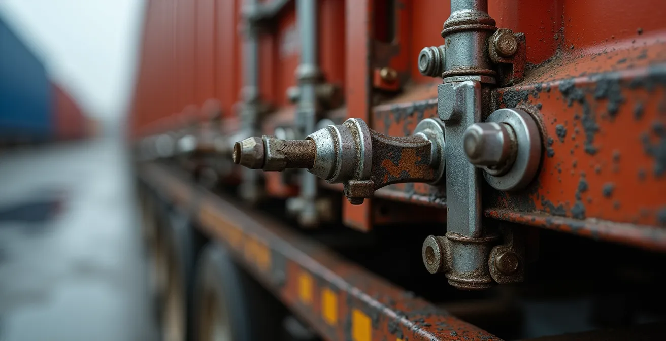 Gros plan sur un système de spreader anti-balancement en action sur un terminal portuaire