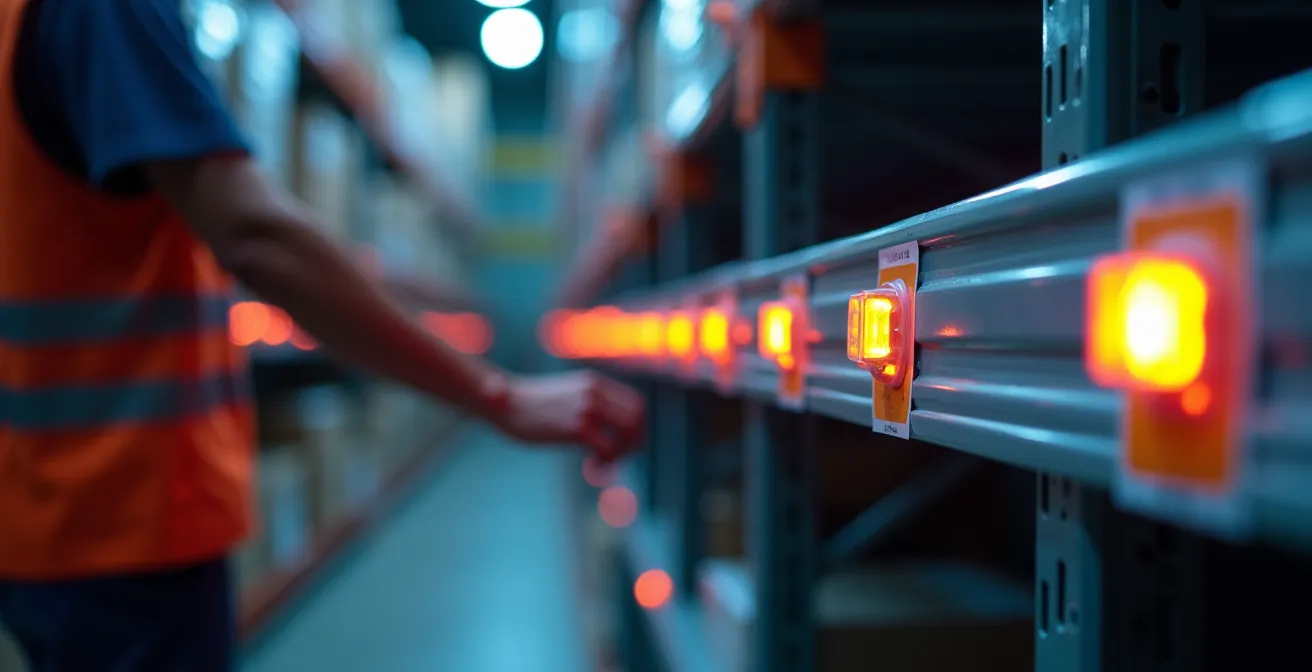 Système de pick-to-light avec voyants lumineux sur rayonnages dynamiques dans un entrepôt moderne